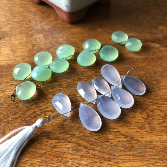 2 strands green + blue Chalcedony briolette beads